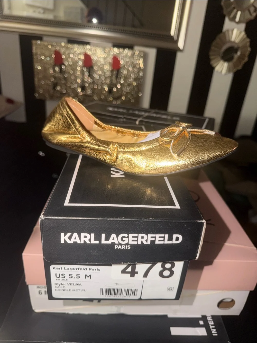 Karl Lagerfeld Metallic Gold Bow Ballet Flat